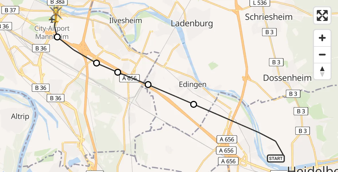 Flugroute Rettungshubschrauber Heidelberg - Mannheim-City Airport, 17 März 2026, 17:29