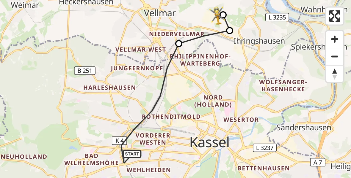 Flugroute Rettungshubschrauber Kassel - Fuldatal Federal Police Heliport, 17 März 2026, 17:31