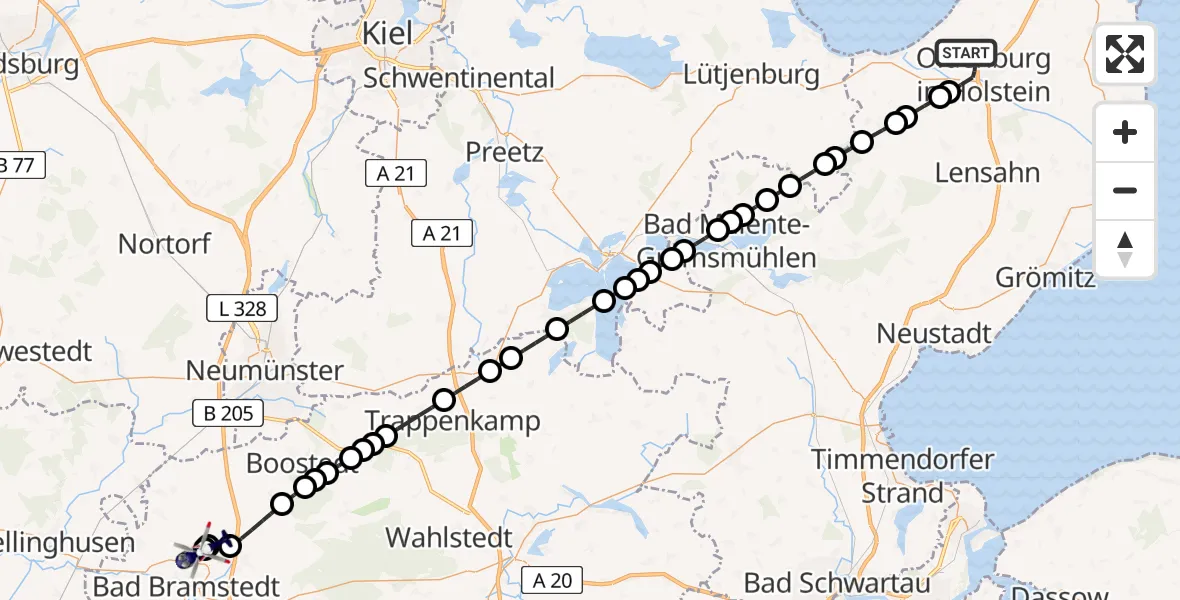 Flugroute Polizeihubschrauber Oldenburg in Holstein - Bad Bramstedt Heliport, 17 März 2026, 17:31