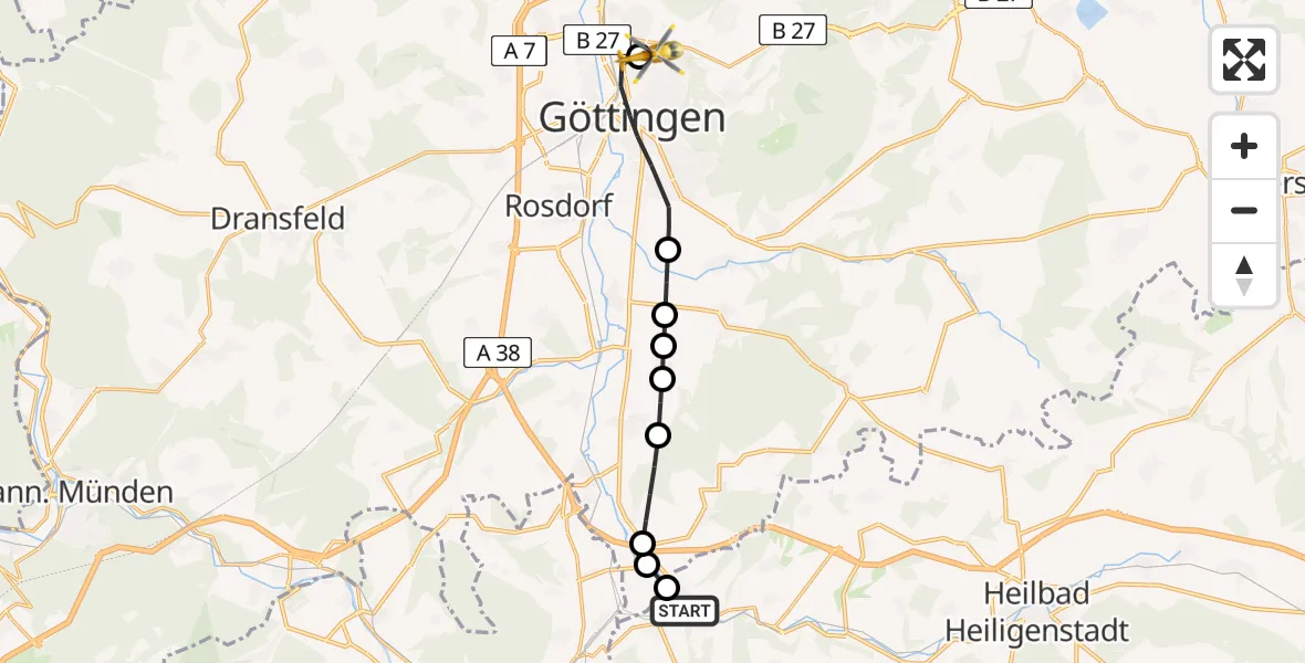 Flugroute Rettungshubschrauber Arenshausen - Göttingen University Clinic Heliport, 17 März 2026, 17:36
