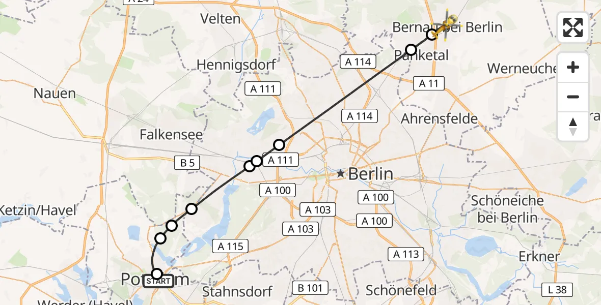 Flugroute Ambulanzhubschrauber Ernst von Bergmann Clinic Heliport - Bernau, 17 März 2026, 17:45
