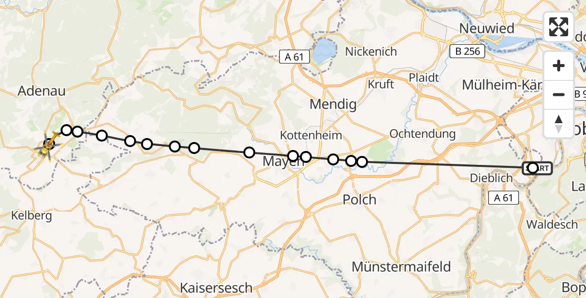 Flugroute Ambulanzhubschrauber Koblenz-Winningen Airfield - Quiddelbach, 17 März 2026, 17:52
