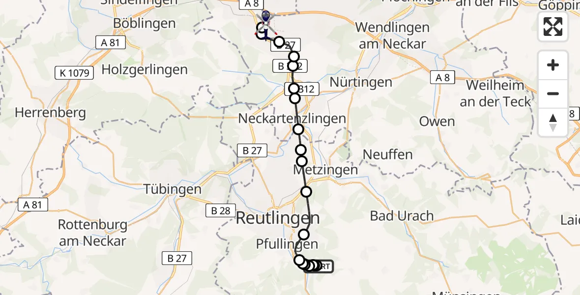 Flugroute Polizeihubschrauber Unterhausen - Stuttgart Airport, 17 März 2026, 17:57