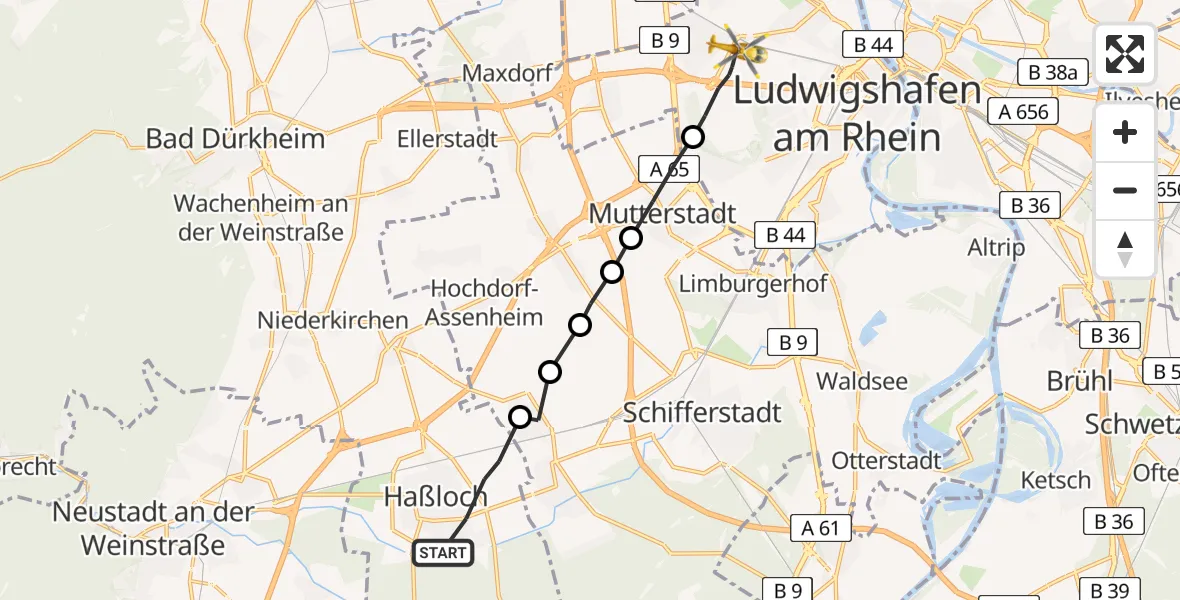 Flugroute Rettungshubschrauber Haßloch - Ludwigshafen Accident Hospital Heliport, 17 März 2026, 18:06