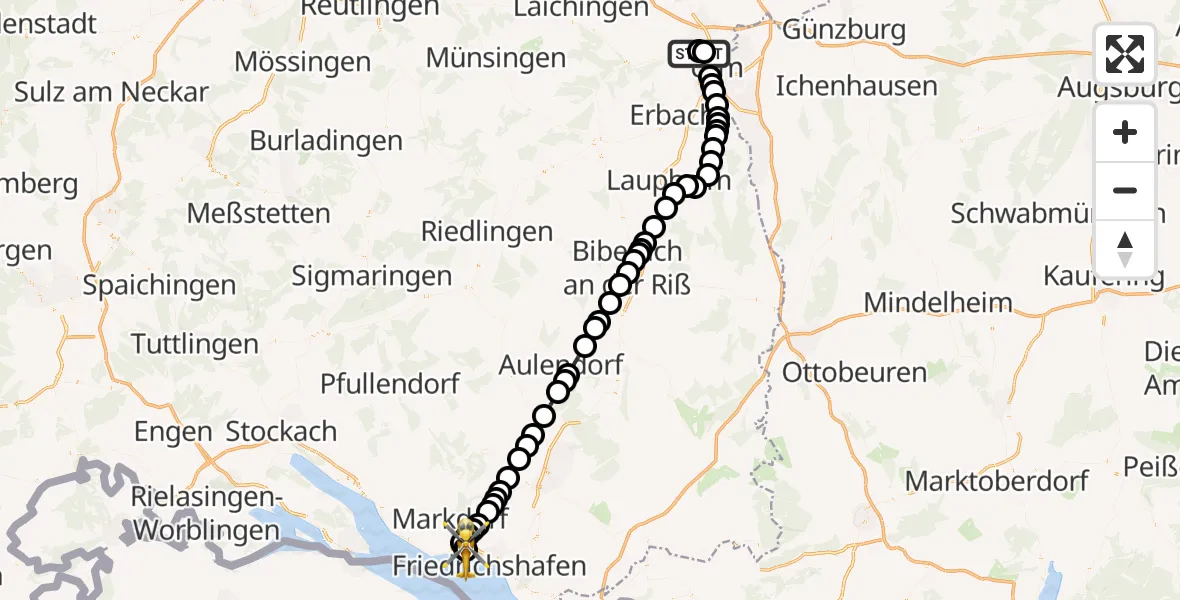 Flugroute Rettungshubschrauber Ulm Military Hospital Emergency - Friedrichshafen Hospital, 17 März 2026, 18:07