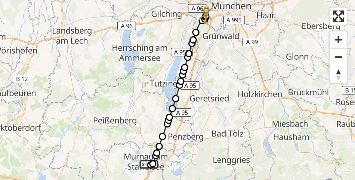 Flugroute Ambulanzhubschrauber Murnau Accident Hospital - DRF Air Rescue München Heliport, 17 März 2026, 18:08