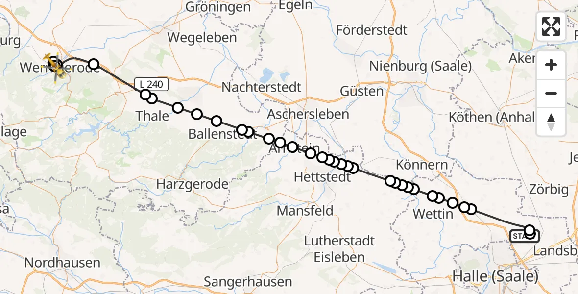 Flugroute Ambulanzhubschrauber Halle-Oppin Airfield - Harz Hospital Wernigerode, 17 März 2026, 18:17