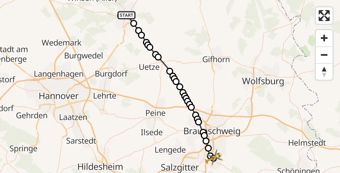 Routekaart van de vlucht: Rettungshubschrauber nach Wolfenbüttel Municipal Hospital Heliport (Christoph 30)