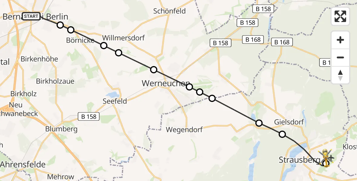Flugroute Ambulanzhubschrauber Bernau - Strausberg Airfield, 17 März 2026, 18:40