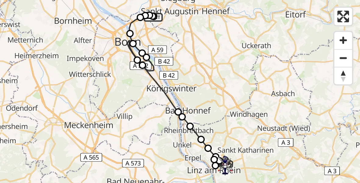 Flugroute Polizeihubschrauber Sankt Augustin - Linz am Rhein, 17 März 2026, 19:07