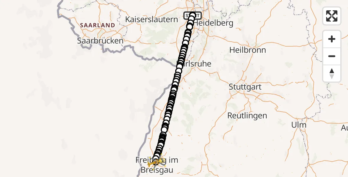 Flugroute Rettungshubschrauber Ludwigshafen Accident Hospital - Freiburg im Breisgau Airfield, 17 März 2026, 19:27