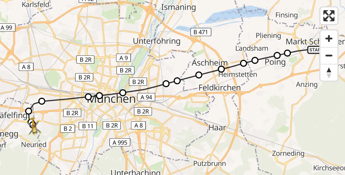 Routekaart van de vlucht: Ambulanzhubschrauber nach DRF Air Rescue München Heliport