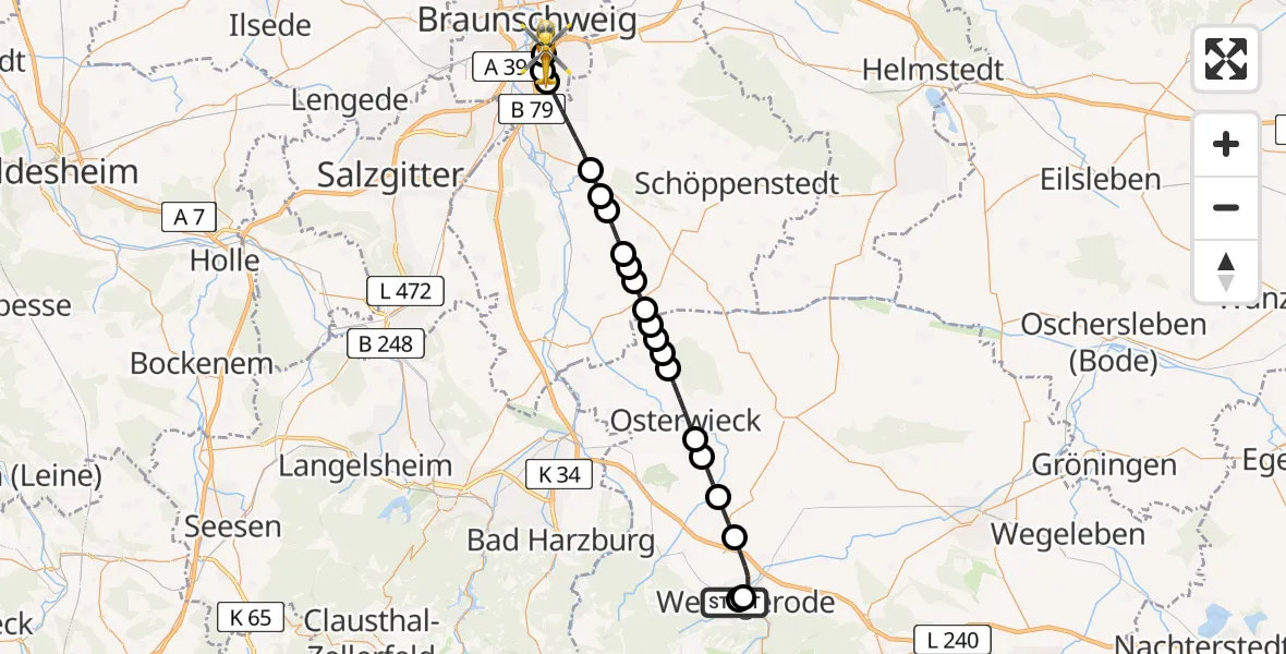 Flugroute Ambulanzhubschrauber Harz Hospital Wernigerode - Südstadt-Rautheim-Mascherode, 17 März 2026, 19:30