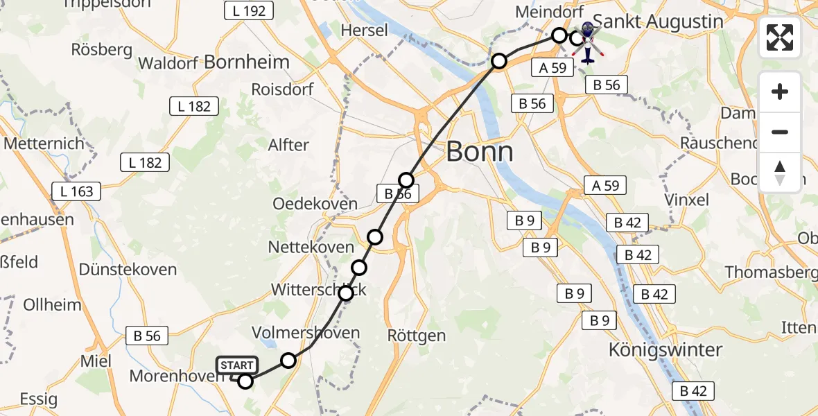 Flugroute Polizeihubschrauber Buschhoven - Sankt Augustin, 17 März 2026, 20:02