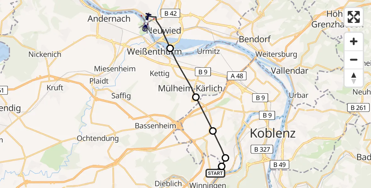 Flugroute Polizeihubschrauber Koblenz-Winningen Airfield - Neuwied, 17 März 2026, 20:31