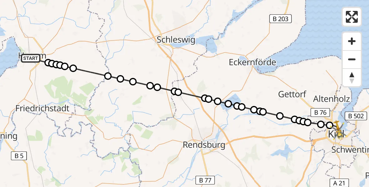 Flugroute Rettungshubschrauber Husum - Kiel, 17 März 2026, 20:46