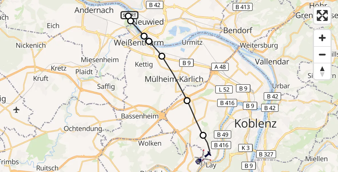 Flugroute Polizeihubschrauber Neuwied - Koblenz-Winningen Airfield, 17 März 2026, 20:53
