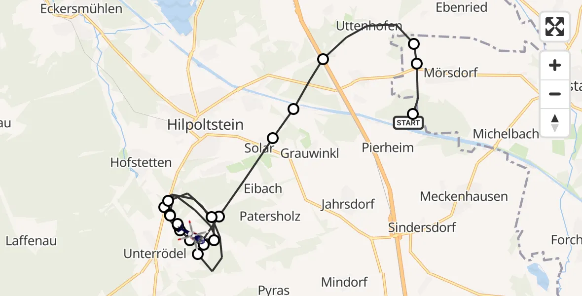 Flugroute Polizeihubschrauber Pierheim - Marquardsholz, 17 März 2026, 21:23