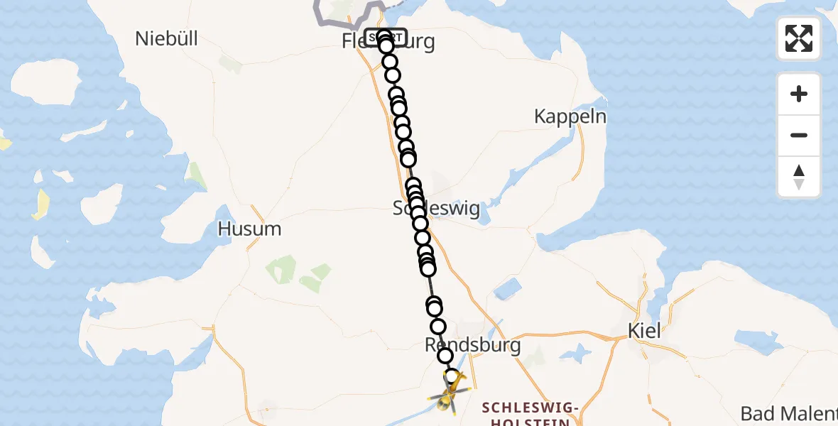 Flugroute Rettungshubschrauber Neustadt - Schülp bei Rendsburg, 17 März 2026, 22:31