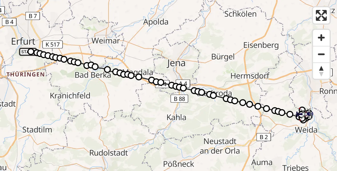 Flugroute Polizeihubschrauber Erfurt - Wolfsgefärth, 18 März 2026, 01:23