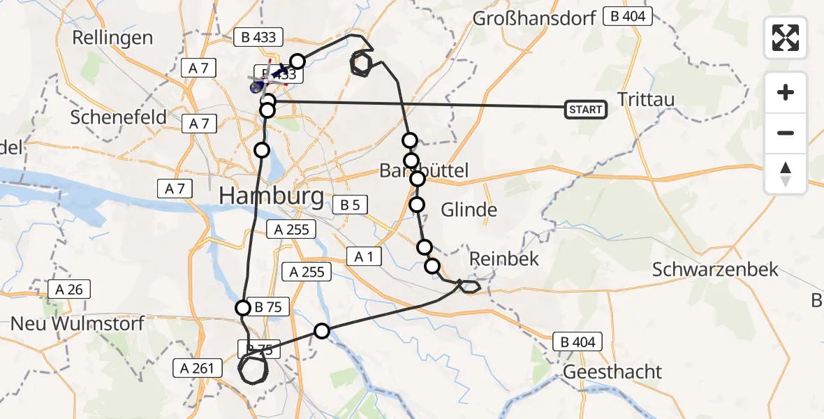 Flugroute Polizeihubschrauber Großensee - Hamburg Helmut Schmidt Airport, 18 März 2026, 04:41