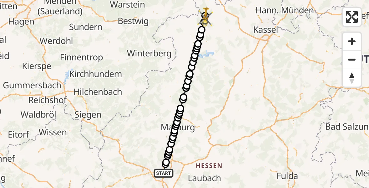 Flugroute Rettungshubschrauber Gießen - Bad Arolsen, 18 März 2026, 05:42