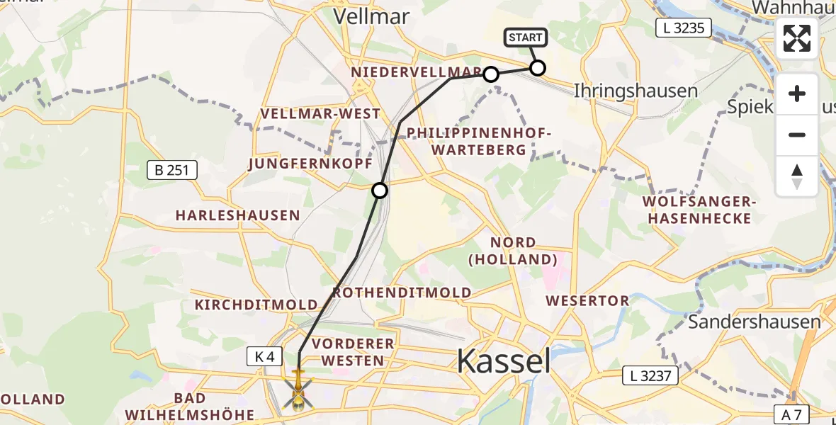 Flugroute Rettungshubschrauber Fuldatal Federal Police Heliport - Kassel, 18 März 2026, 06:02