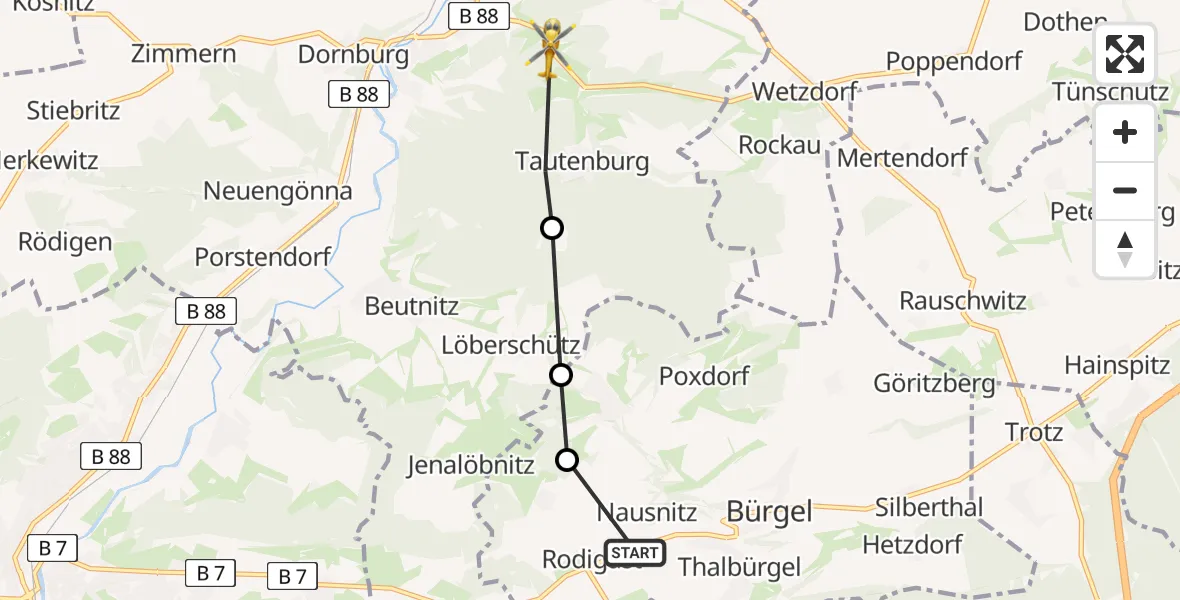 Flugroute Rettungshubschrauber Rodigast - Dorndorf-Steudnitz, 18 März 2026, 06:14