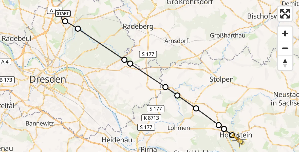Flugroute Rettungshubschrauber Dresden Airport - Hohnstein, 18 März 2026, 06:59