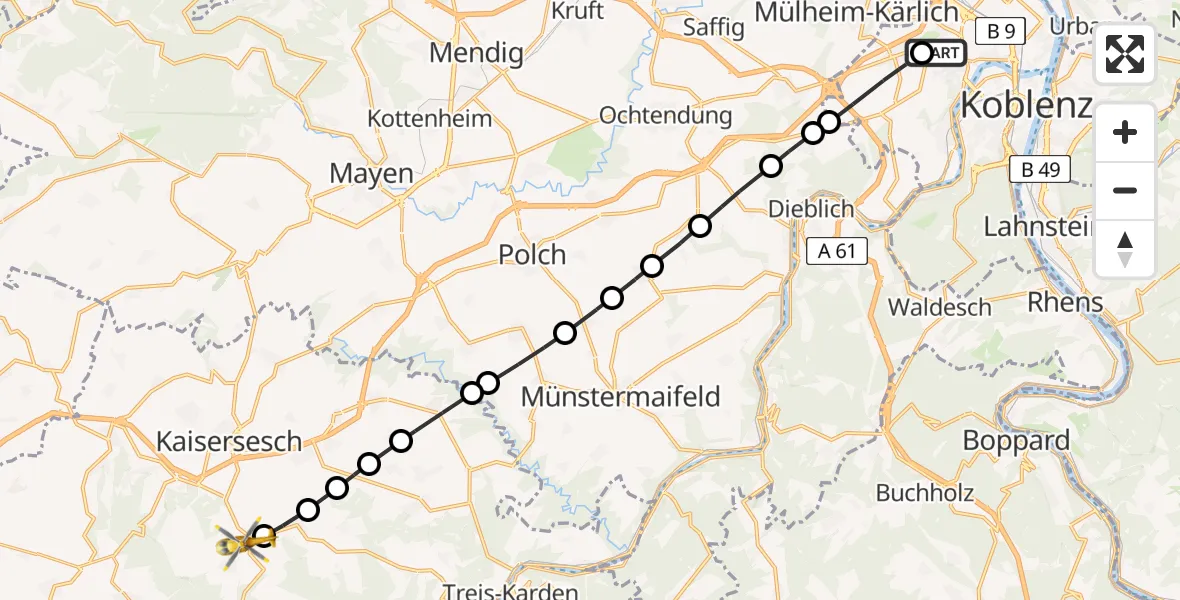 Flugroute Rettungshubschrauber Bubenheim - Landkern, 18 März 2026, 06:59