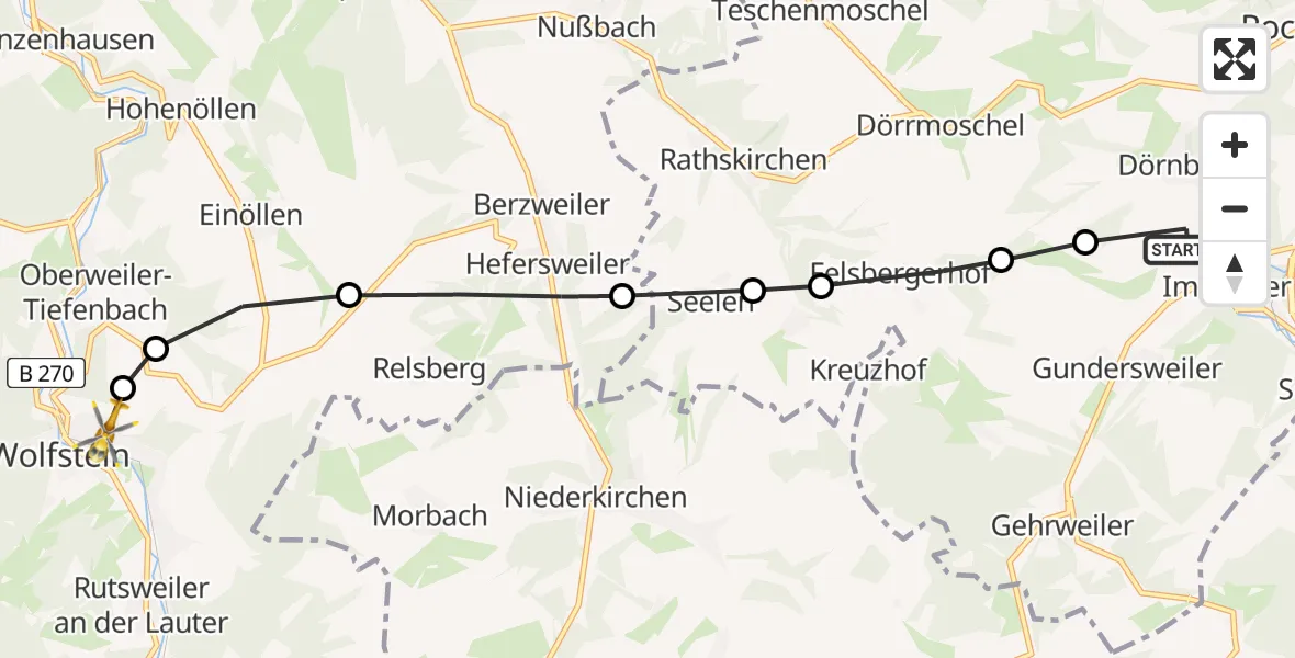 Flugroute Rettungshubschrauber Imsweiler UL - Wolfstein, 18 März 2026, 07:01
