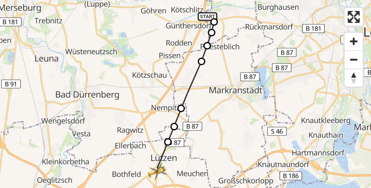 Flugroute Rettungshubschrauber ADAC Air Rescue Station Leipzig/Schkeuditz-Dölzig Heliport (Christoph 61) - Lützen, 18 März 2026, 07:27