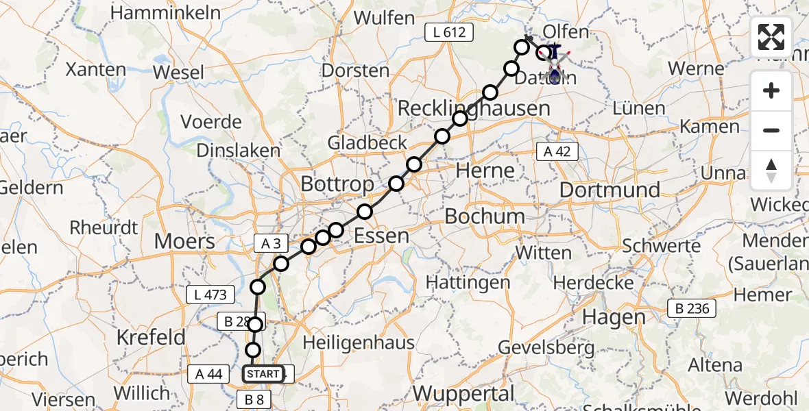 Flugroute Polizeihubschrauber Düsseldorf Airport - Datteln, 18 März 2026, 07:39