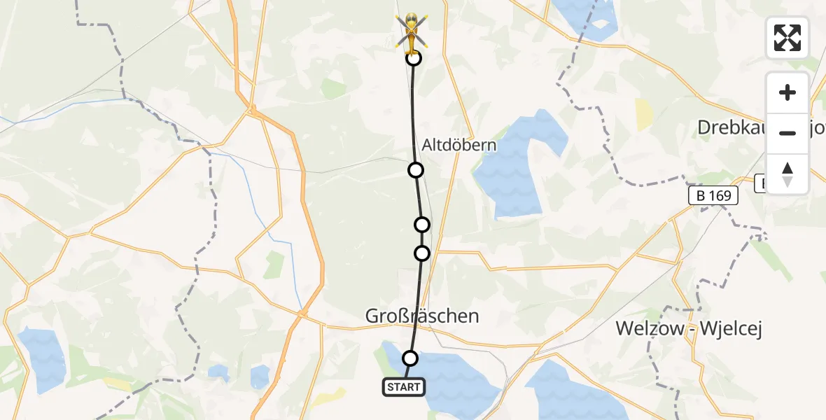 Flugroute Ambulanzhubschrauber Senftenberg - Buchwäldchen, 18 März 2026, 07:41