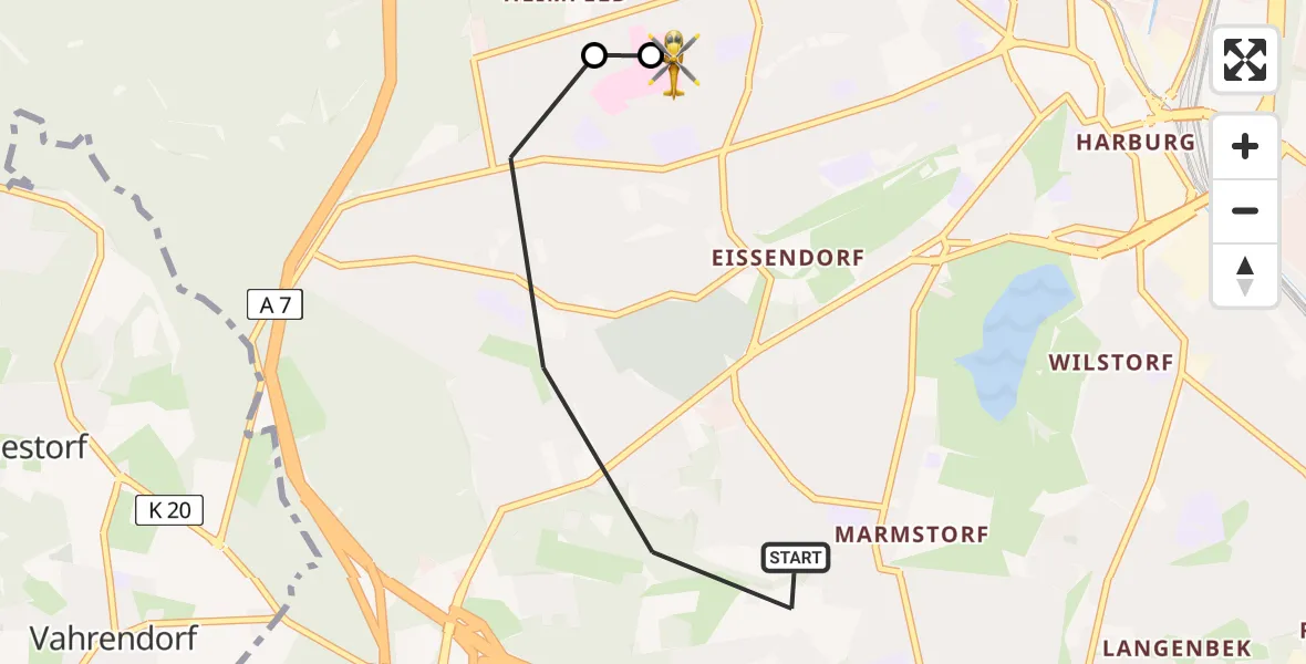 Flugroute Ambulanzhubschrauber Harburg - Asklepios Hospital Harburg, 18 März 2026, 07:47