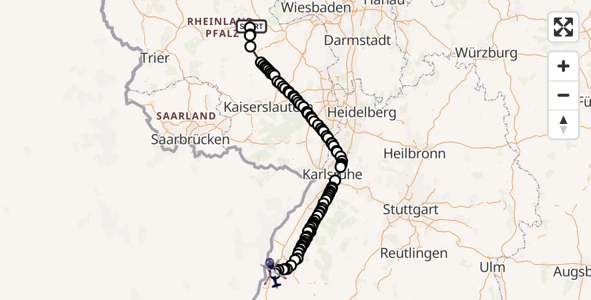 Routekaart van de vlucht: Polizeihubschrauber nach Hugsweier, Fritz-Rinderspacher-Straße
