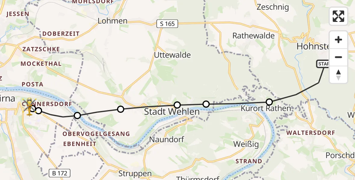 Flugroute Rettungshubschrauber Hohnstein - Pirna Hospital, 18 März 2026, 07:52