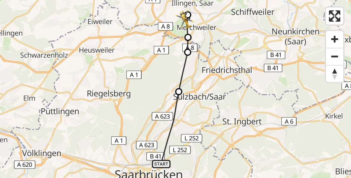 Routekaart van de vlucht: Rettungshubschrauber nach Illingen, Rheinstraße