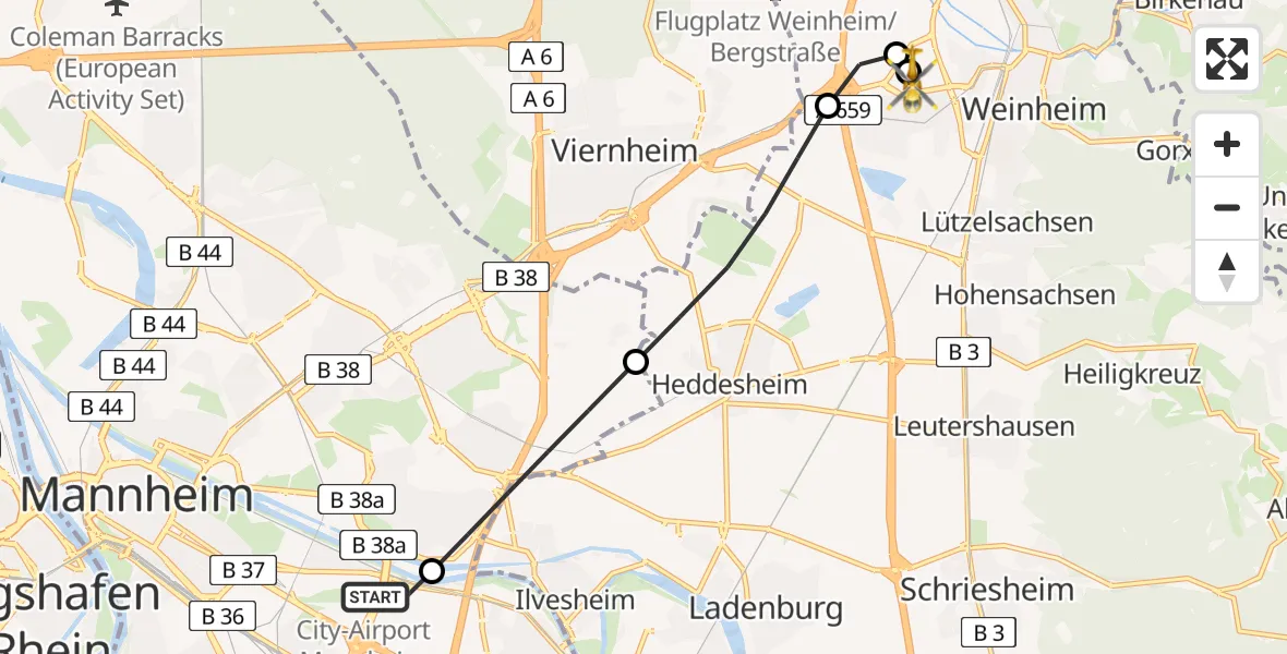 Flugroute Rettungshubschrauber Mannheim-City Airport - Weinheim Hospital, 18 März 2026, 07:57