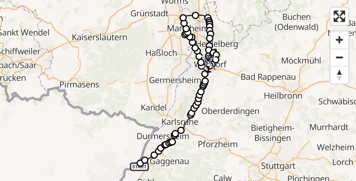 Flugroute Polizeihubschrauber Karlsruhe Baden-Baden Airport - Walldorf, 18 März 2026, 08:08