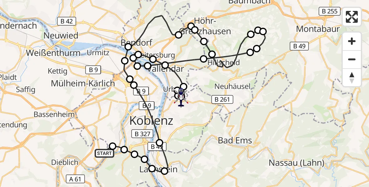 Flugroute Polizeihubschrauber Koblenz-Winningen Airfield - Koblenz, 18 März 2026, 08:13