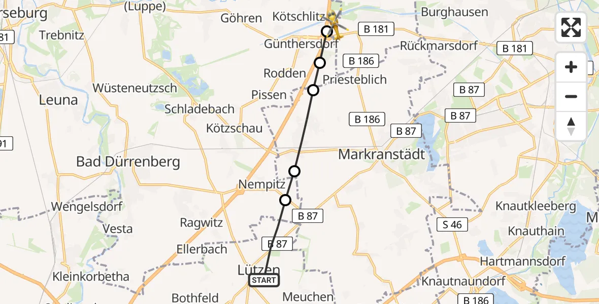 Flugroute Rettungshubschrauber Lützen - ADAC Air Rescue Station Leipzig/Schkeuditz-Dölzig Heliport (Christoph 61), 18 März 2026, 08:13