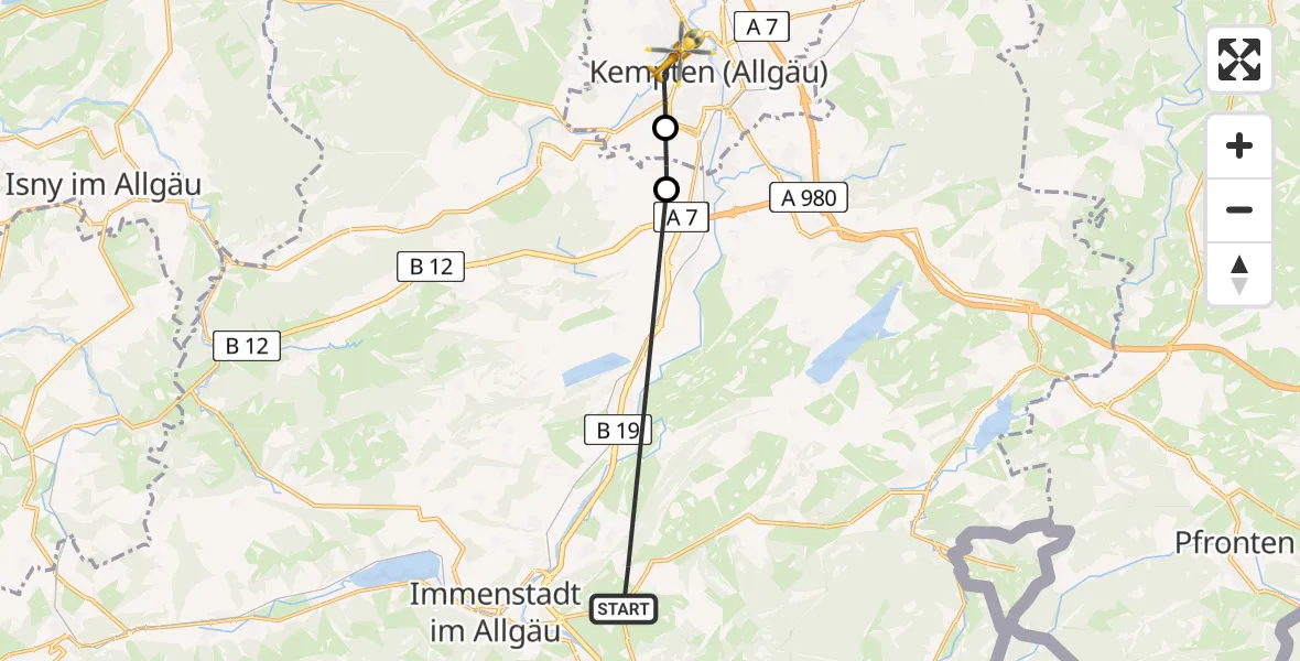 Flugroute Rettungshubschrauber Wagneritz - Kempten (Allgäu), 18 März 2026, 08:20