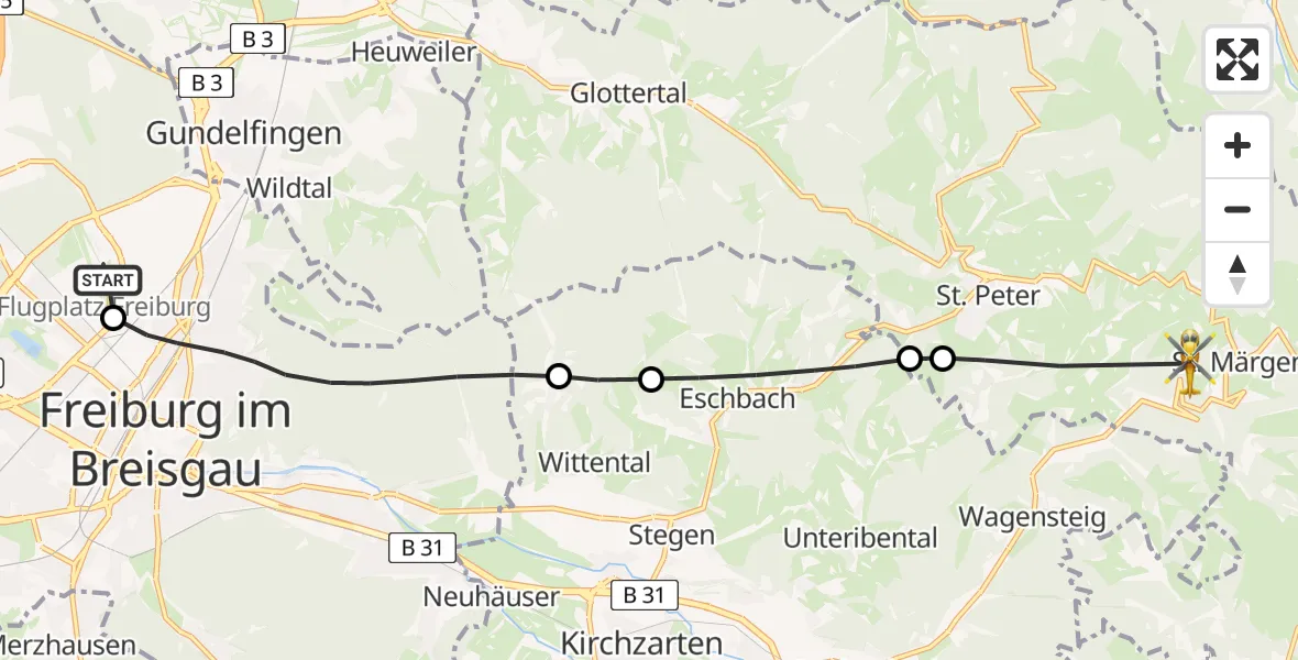 Flugroute Rettungshubschrauber Freiburg im Breisgau Airfield - St. Märgen, 18 März 2026, 08:23