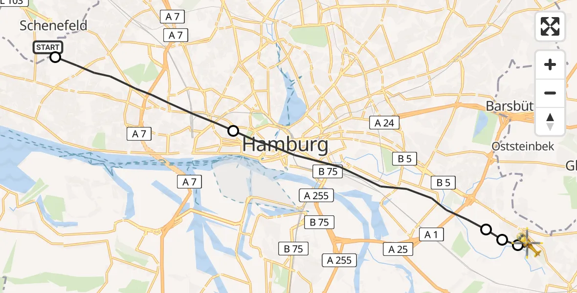 Flugroute Rettungshubschrauber Schenefeld - Christoph Hansa ADAC Helipad, 18 März 2026, 08:24