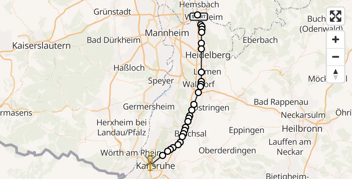 Flugroute Rettungshubschrauber Weinheim Hospital - Karlsruhe, 18 März 2026, 08:36