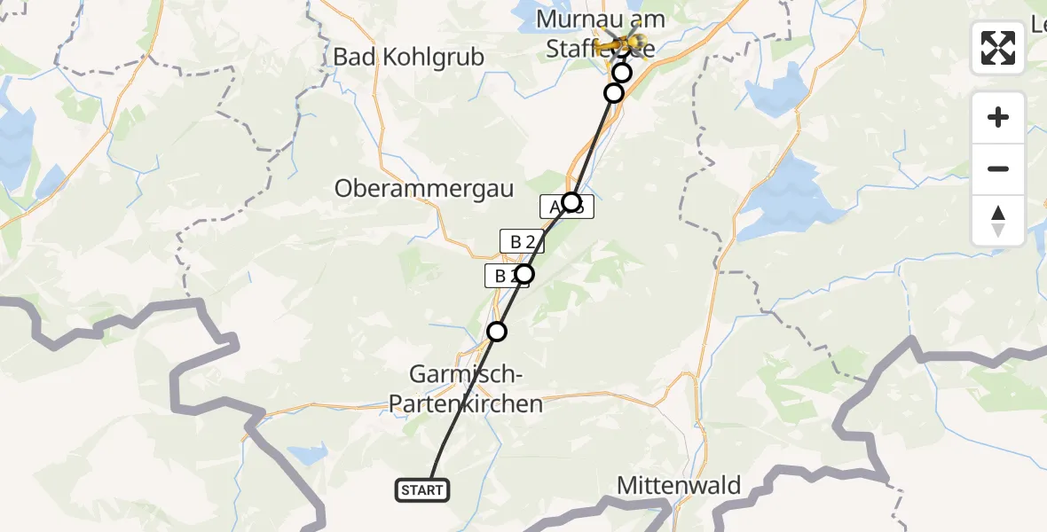 Flugroute Rettungshubschrauber Garmisch-Partenkirchen - Murnau Accident Hospital, 18 März 2026, 08:41