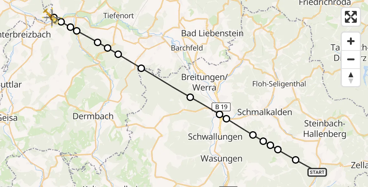 Flugroute Rettungshubschrauber Viernau - Oberzella, 18 März 2026, 08:45