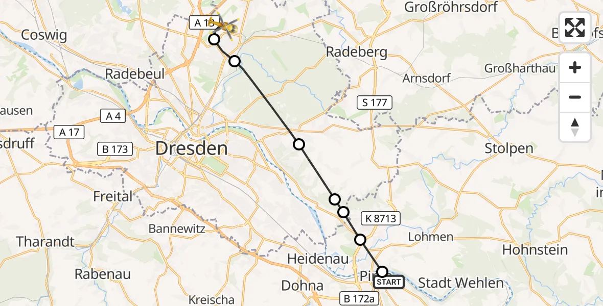 Flugroute Rettungshubschrauber Pirna Hospital - Dresden Federal Police Heliport, 18 März 2026, 08:47