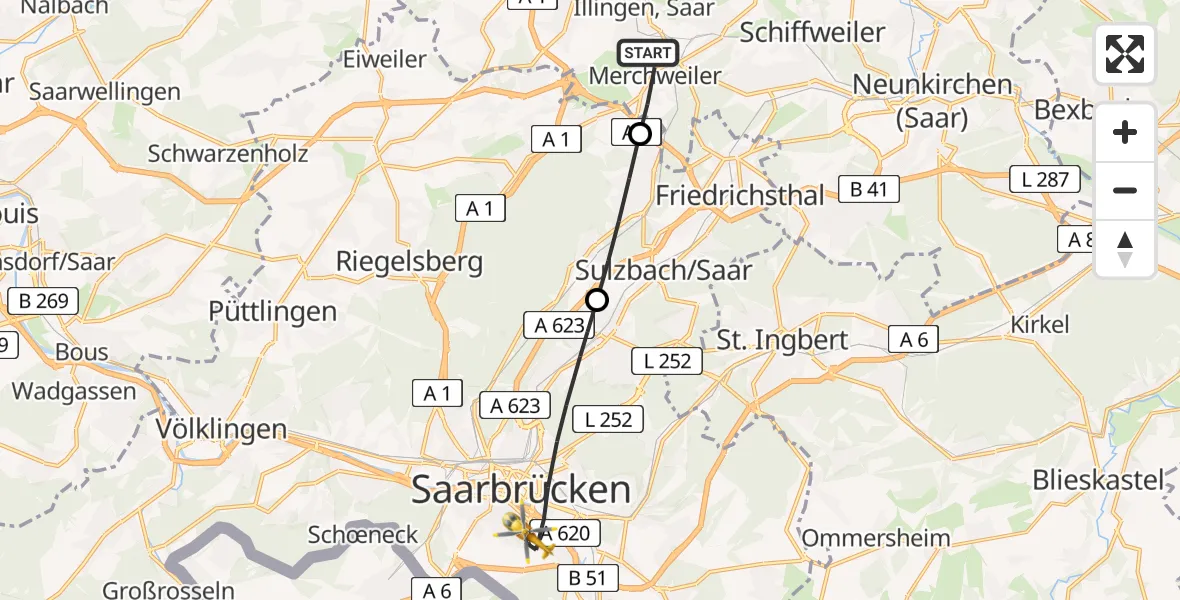 Routekaart van de vlucht: Rettungshubschrauber nach Saarbrücken, Winterberg